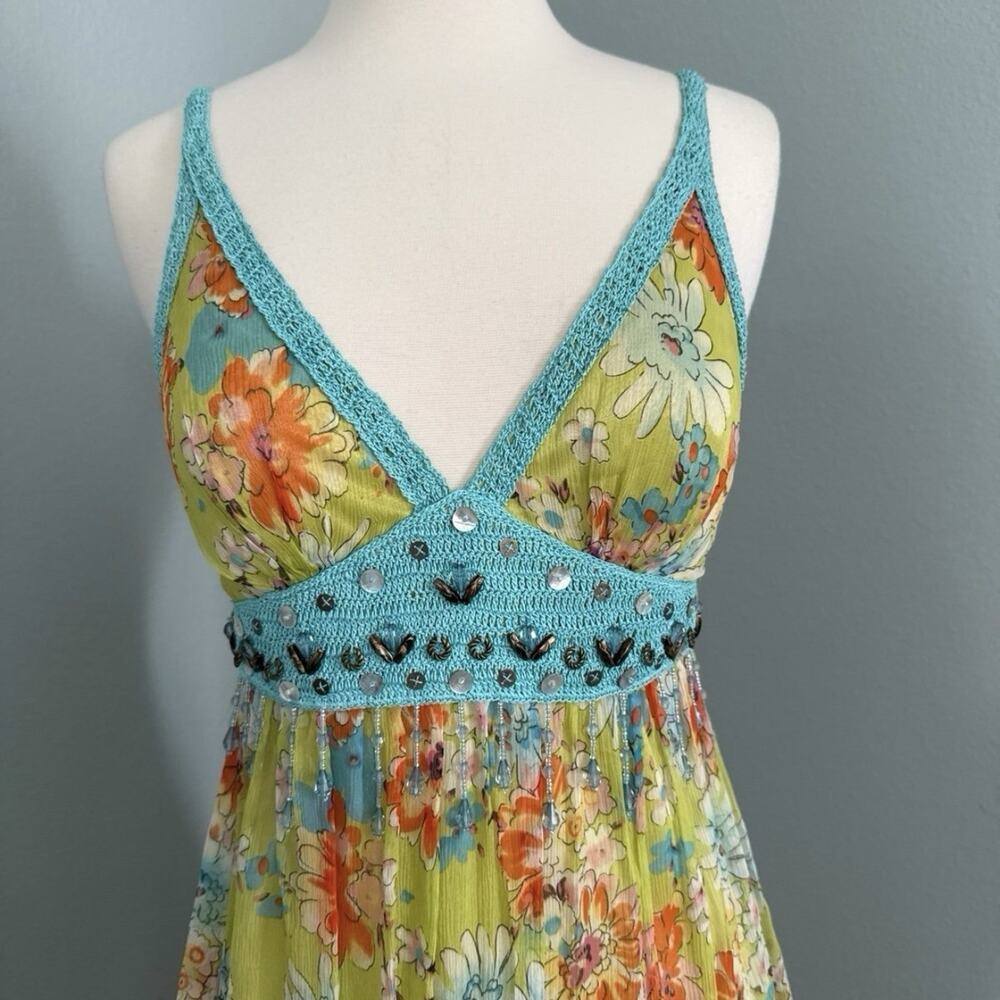 100% Silk Sue Wong Green Multicolor Beaded Floral Maxi Dress Blue Crochet - Picture 3 of 13